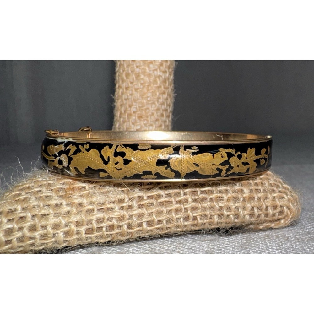 Vtg 10k Gold Filled Black Enamel Hinged Bangle Dunn Bros Floral Bracelet 15g - Picture 12 of 15